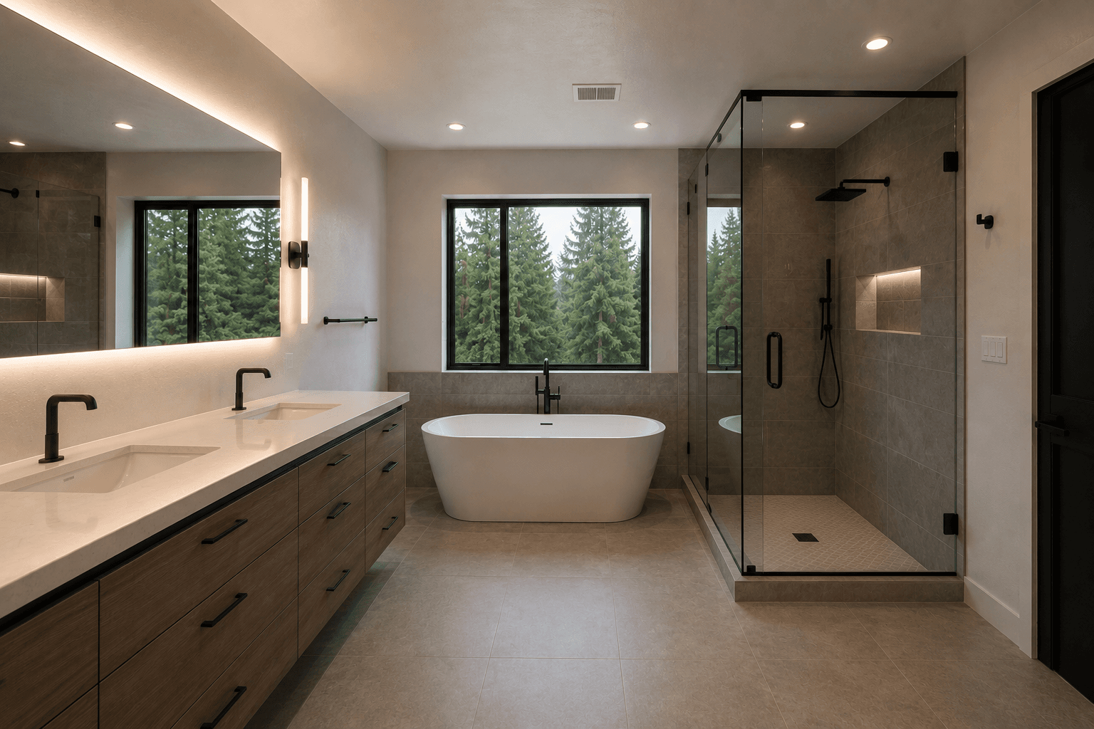 Finished premium bathroom remodel with glass shower and oak vanity