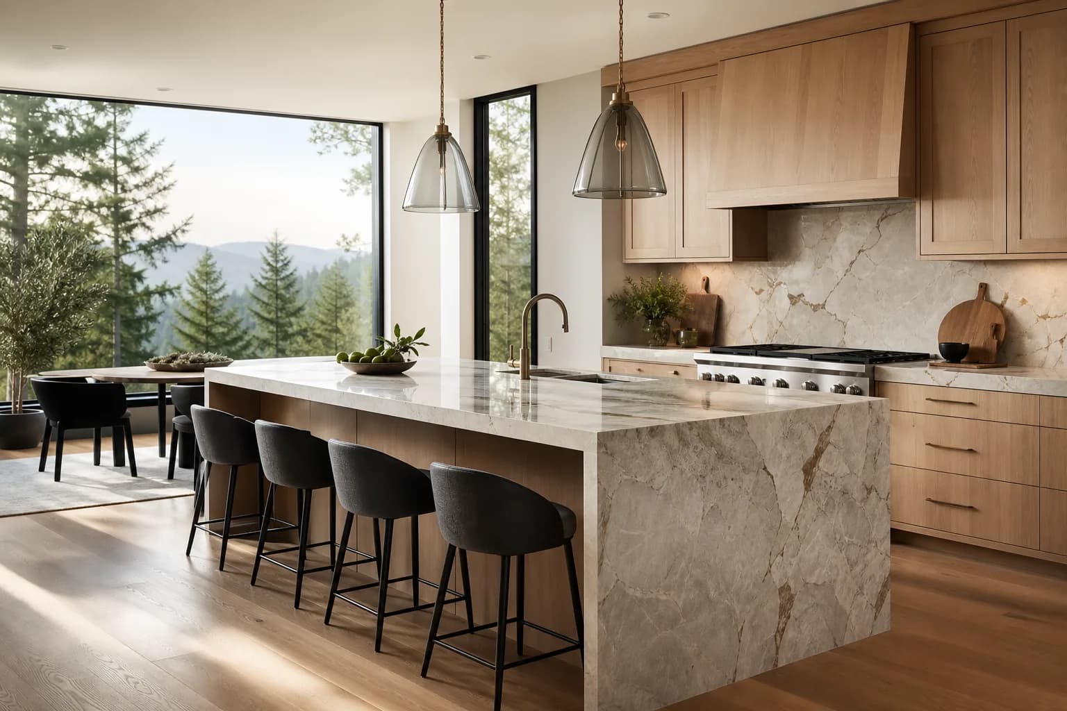 Finished luxury kitchen remodel with warm wood cabinets and stone island