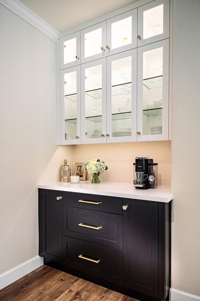 How Long Does a Kitchen Remodel Take? inspiration. Dry bar with glass door cabinets and quartz countertops